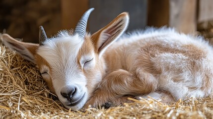 A cute goat kid sleeping peacefully on straw.