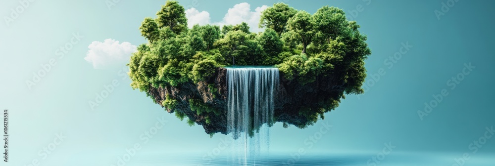 Wall mural a surreal floating island with lush greenery and a cascading waterfall.
