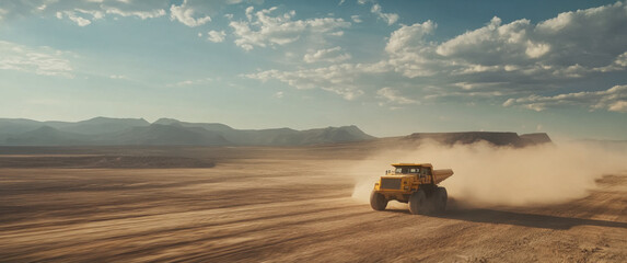 Fototapeta premium large yellow mining truck drives through dusty coal mine, showcasing its powerful presence against backdrop of mountains and vast sky. scene captures essence of industrial work and rugged beauty of