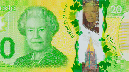 Printed polymer banknotes twenty dollars denominations issued by Bank of Canada front view