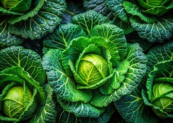 Obraz premium Low Light Top View of Fresh Cabbages with Water Drops - Natural Vegetables Background for Culinary, Organic Farming, and Healthy Eating Concepts