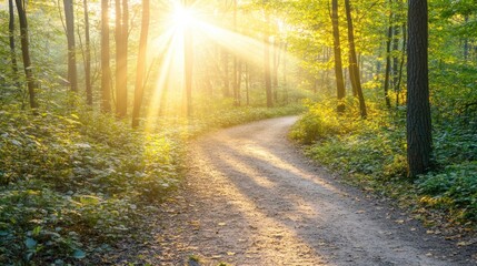 Obraz premium A sunlit forest path winding through lush greenery, inviting exploration and tranquility.