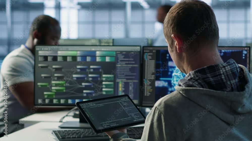 Poster computer scientist in data center uses artificial intelligence neural networks doing computing proce