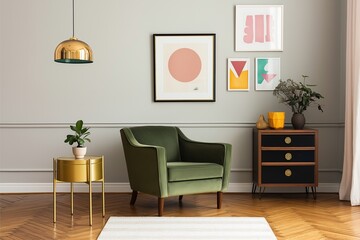 A contemporary living room featuring a green armchair, gold side table, modern art on the wall, and a black and wood cabinet with a geometric floor lamp.