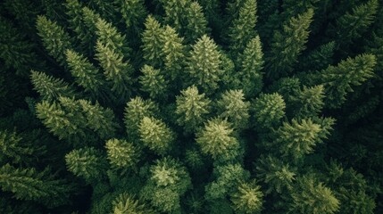 Aerial view of dense evergreen forest showcasing lush green treetops.