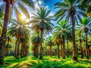 Obraz premium Lush Date Palm Forest: Tropical Paradise Wallpaper for Nature Lovers, Exotic Landscape, Serenity, and Tranquility in Vibrant Greenery, Perfect for Home and Office Decor