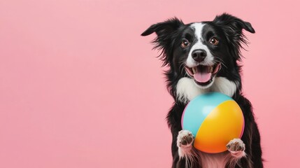 A happy dog holding a colorful ball against a pink background.