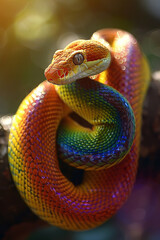 Fototapeta premium A vividly colored snake coils around a branch, showcasing bright scales under sunlight filtering through leaves in a lush rainforest. Its scales shimmer with a palette of red, yellow, and green.