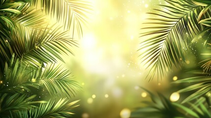 A vibrant, glowing background featuring lush green palm leaves and soft light.