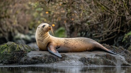 A sea lion lounging on a rocky shore amidst natural surroundings.