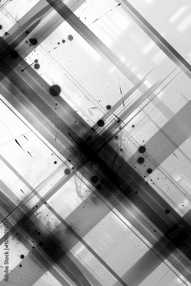 Poster the artwork features an intricate arrangement of bold black lines and subtle splatters on a white ba