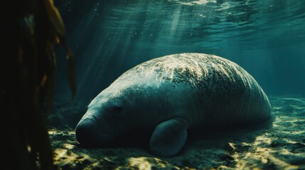 Naklejka premium A serene underwater scene featuring a manatee resting on the ocean floor.