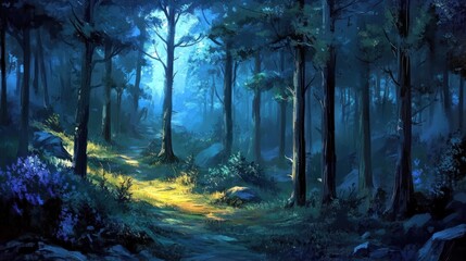 Fototapeta premium A serene forest scene with soft light filtering through trees, creating a tranquil atmosphere.