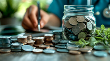 Coins in Glass Jar, Stacked and Scattered