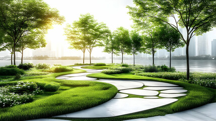 Fototapeta premium 3D Illustration of a Winding Pathway Through a Lush Park