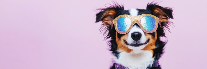 A stylish dog wearing glittery sunglasses against a pink background, exuding fun and playfulness.