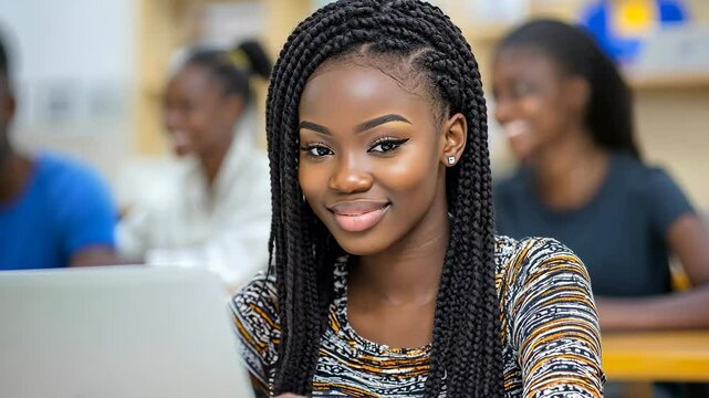 A young woman with braids smiles while working on a laptop in a classroom