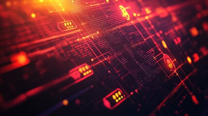 Obraz premium Abstract digital design with glowing lines and nodes, representing data flow and technology.