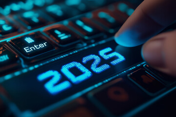A finger to press the 2025 key on the keyboard