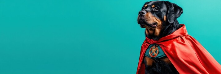 Obraz premium A Rottweiler dressed as a superhero with a red cape against a teal background.