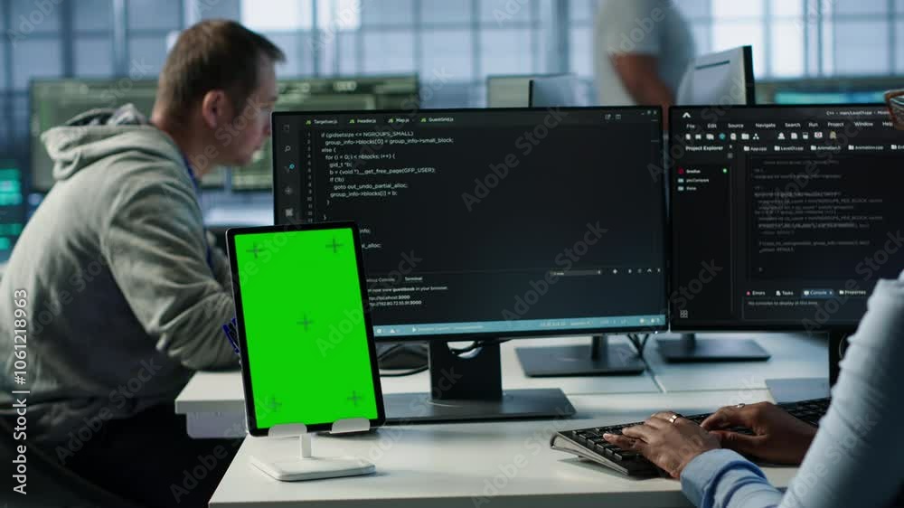 Poster green screen table in data center in front of it support specialists working together, supervising s