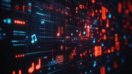 Abstract digital visualization of music data with glowing notes and graphical elements.