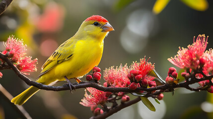 Yellow Bird on Red Flowers Branch - Photo