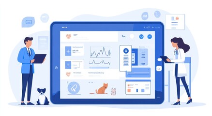 Illustration of a digital health interface with professionals and a pet.