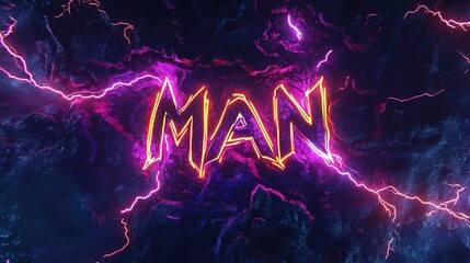 A dynamic swirling vortex of energy, featuring striking lightning bolts and glowing neon accents that form the Mad Man logo. Set against a chaotic background of dark purple and electric blue,