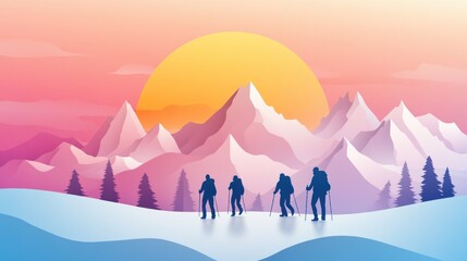 A serene winter landscape with silhouetted figures skiing against a colorful sunset backdrop.