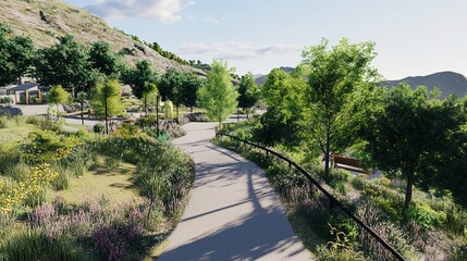 A detailed view of a winding trail on a hill, offering a panoramic overlook of entertaining and interactive places below. This vibrant scene showcases a variety of attractions, activities, 