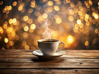 Obraz premium Minimalist Hot Coffee Cup on Wooden Table with Blurred Bokeh Background for Cozy Vibes and Warmth, Perfect for Coffee Lovers and Minimalist Aesthetics