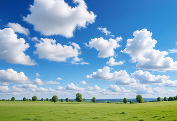 A green meadow with trees in the distance under a blue sky with fluffy white clouds
