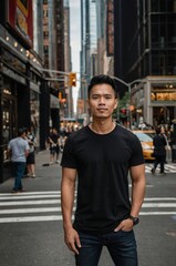 Asian Malay athletic sport body shape in black t-shirt with metropolitan urban city background.