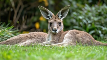 Fototapeta premium A kangaroo resting on grass, showcasing its large ears and calm demeanor in a natural setting.