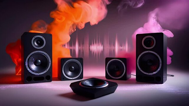 Black stereo speakers with red and pink smoke behind them and sound waves in the background.