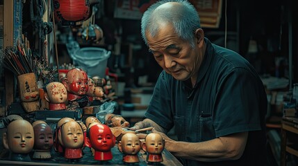 Artisan Craftsman Working on Traditional Wooden Dolls