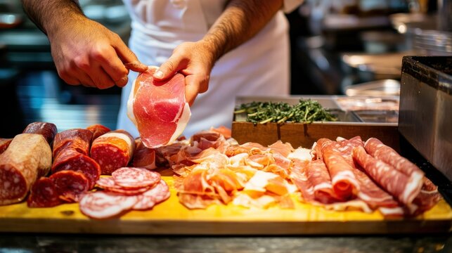 A chef prepares various cured meats on a wooden board in a kitchen setting.