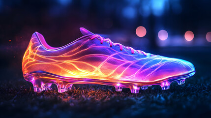 Neon Glowing Soccer Cleat on Grass - 3D Illustration
