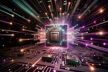 Nano Computer Emitting Data Streams in a Cyberpunk Universe, Purple and Teal Photorealism with Glowing Data Particles Traveling Through Circuits