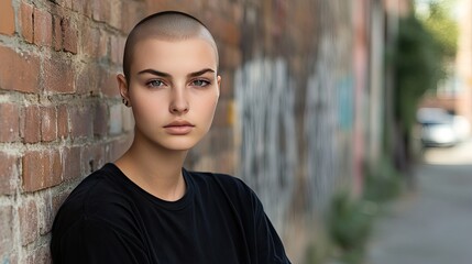 Obraz premium Young Woman with Shaved Head Against Brick Wall