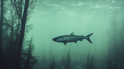 Fototapeta premium A striking image of a barracuda swimming gracefully through a misty forest, with ethereal fog enveloping the surroundings. This surreal scene captures the beauty of underwater life intertwined 
