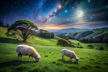 Fototapeta premium Night Photography of Two Sheep in a Lush Green Paddock Under a Starry Sky - Serene Landscape, Tranquil Nature Scene, Peaceful Livestock Setting, Rural Night View