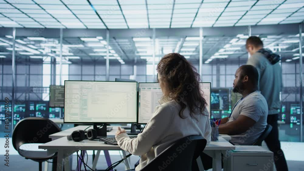 Poster system admin working in diverse computer network security data center workplace, ensuring optimal pe