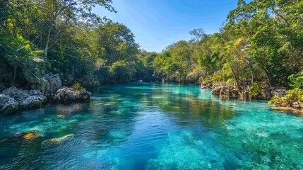 Tranquil turquoise river winding through lush tropical foliage, clear water reflecting the blue sky.