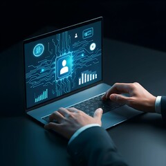 Future-oriented business technology with AI, AR, and blockchain in a minimalist visual style