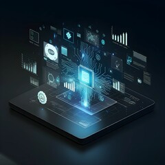Modern business innovation featuring AI and blockchain for enhanced profitability, displayed in sleek design