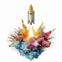 Naklejka premium A rocket launches against a vibrant explosion of colorful smoke, symbolizing innovation, exploration, and dynamic energy.