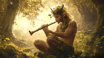Satyr playing flute in a dreamy forest clearing. Forest Satyr. Illustration