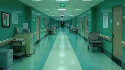 Fototapeta premium Empty Hospital Corridor with Green Walls